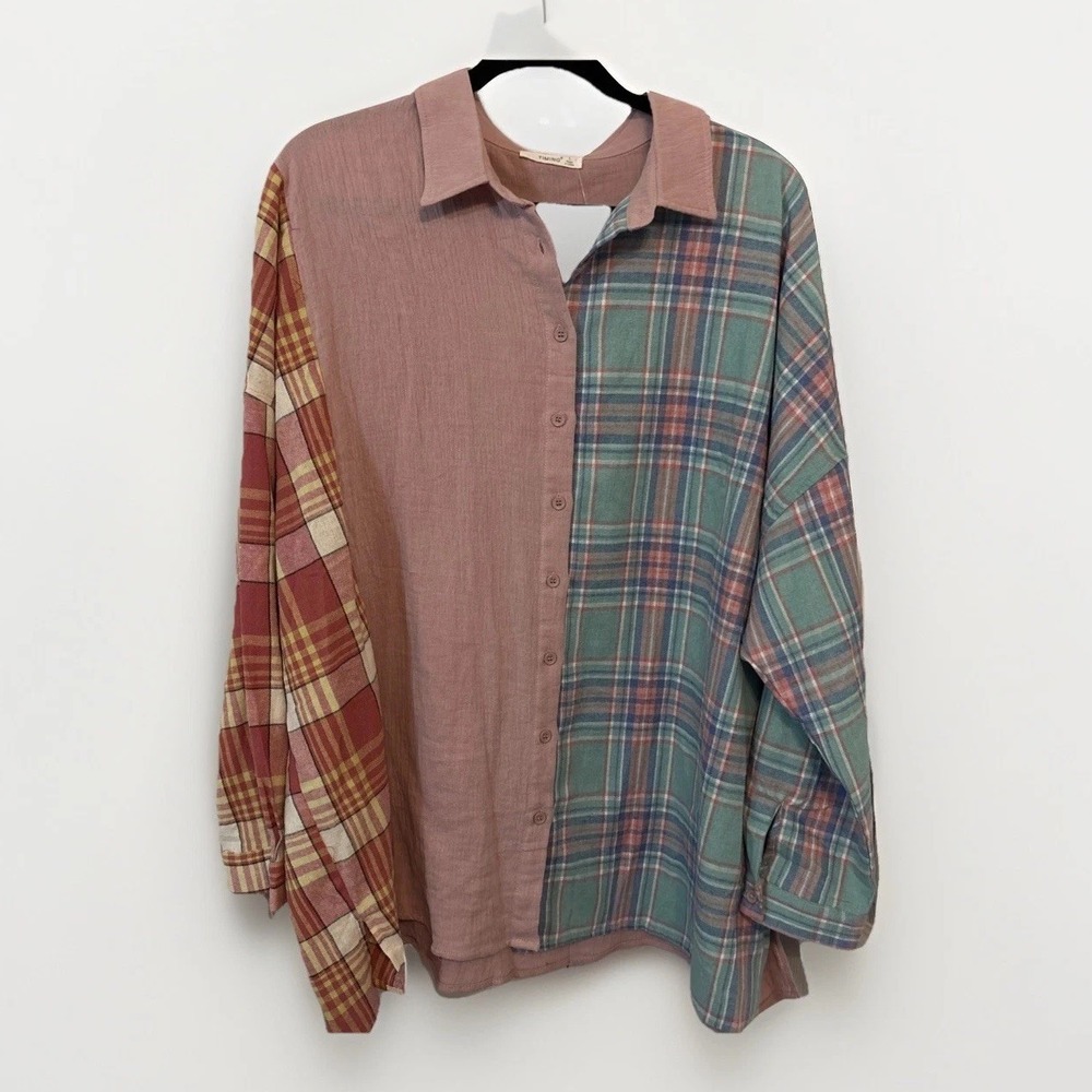 Timing Womens Mixed Print Plaid Flannel Gauze Button Up Shirt Pink Large WN9334